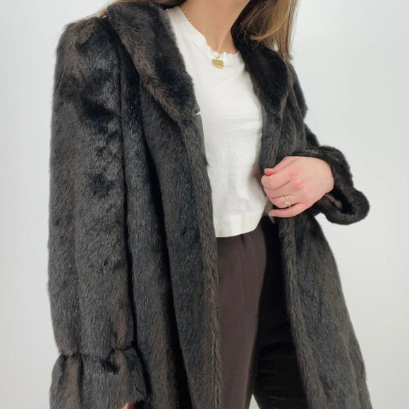 vintage minimalist espresso brown faux fur jacket coat one size